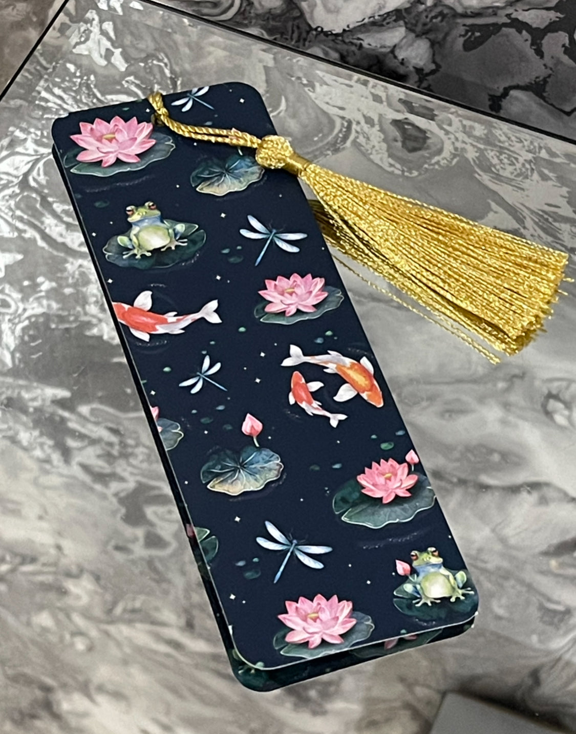 Pond Life Bookmark with Gold Tassel – Koi Fish, Lily Pad and Frog Design – Gift for Book Lovers & Readers