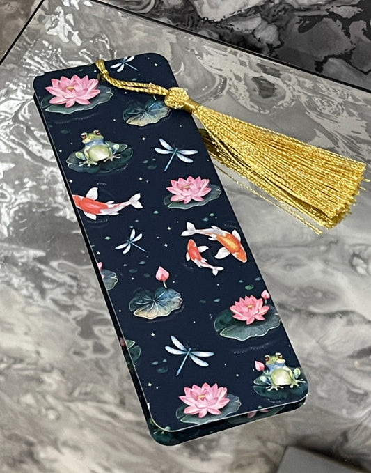 Pond Life Bookmark with Gold Tassel – Koi Fish, Lily Pad and Frog Design – Gift for Book Lovers & Readers