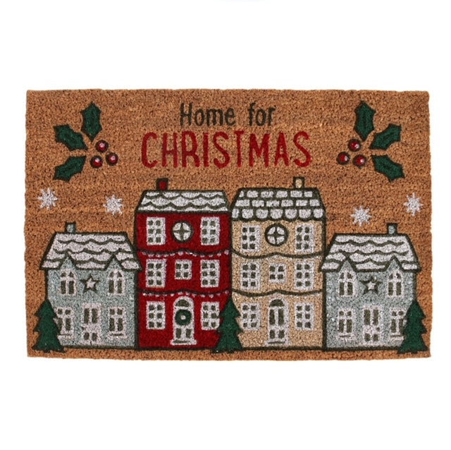 Home For Christmas Village Scene Natural Coir Non Slip Doormat