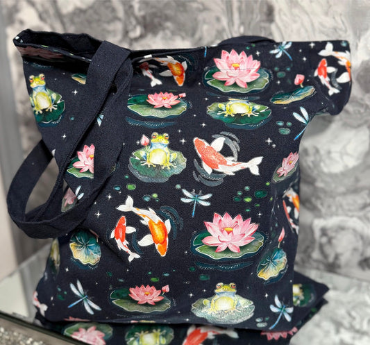 Frog & Koi Pond Print Tote Bag – Enchanted Garden Canvas Shopper, Cottagecore Nature Reusable Shopping Bag