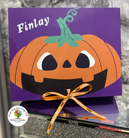 Personalised Halloween Gift Box – Pumpkin Design with Name | Trick or Treat Box for Pyjamas, Sweets & Gifts | Reusable Keepsake Box