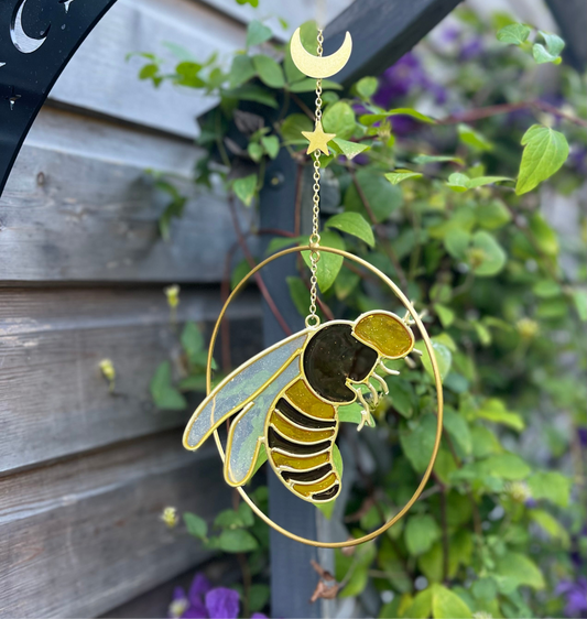 Bee Honeybee Sun Light Catcher Wind Spinner Garden Hanging Decoration Summer Solstice Star & Crescent Moon Garden Decor Ornament Gifts