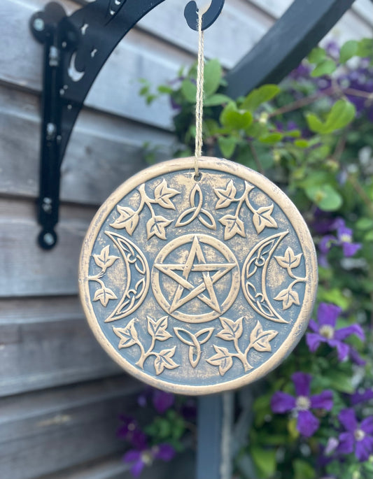 Triple Moon Bronze Terracotta Hanging Garden Wall Plaque