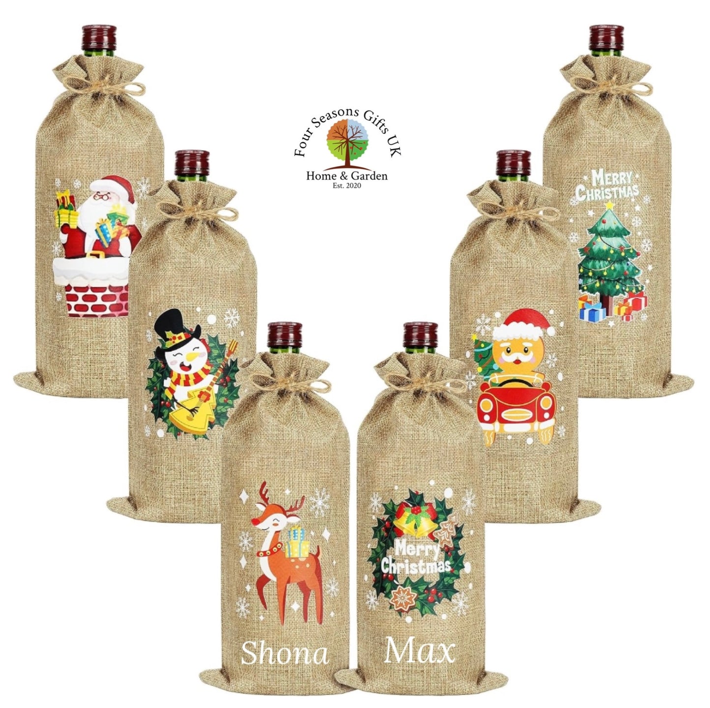 Personalised Christmas Theme Wine Bottle Bag Cover, Jute Gift Presentation Bag