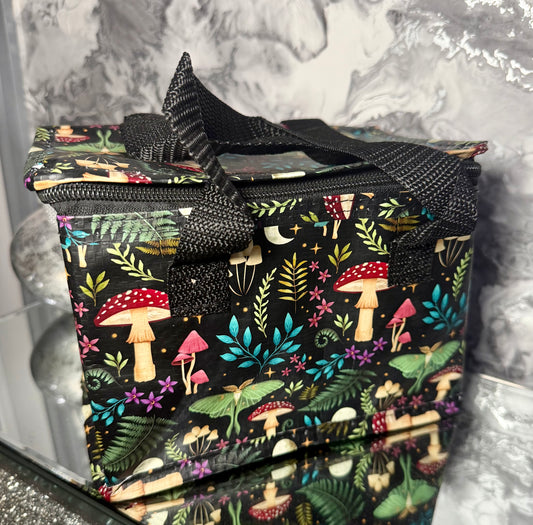 Woodland Mushroom & Luna Moth Insulated Lunch Bag, Reusable Thermal Lunch Box, Cottagecore Toadstool Lunch Tote, Eco Friendly Work School Bag