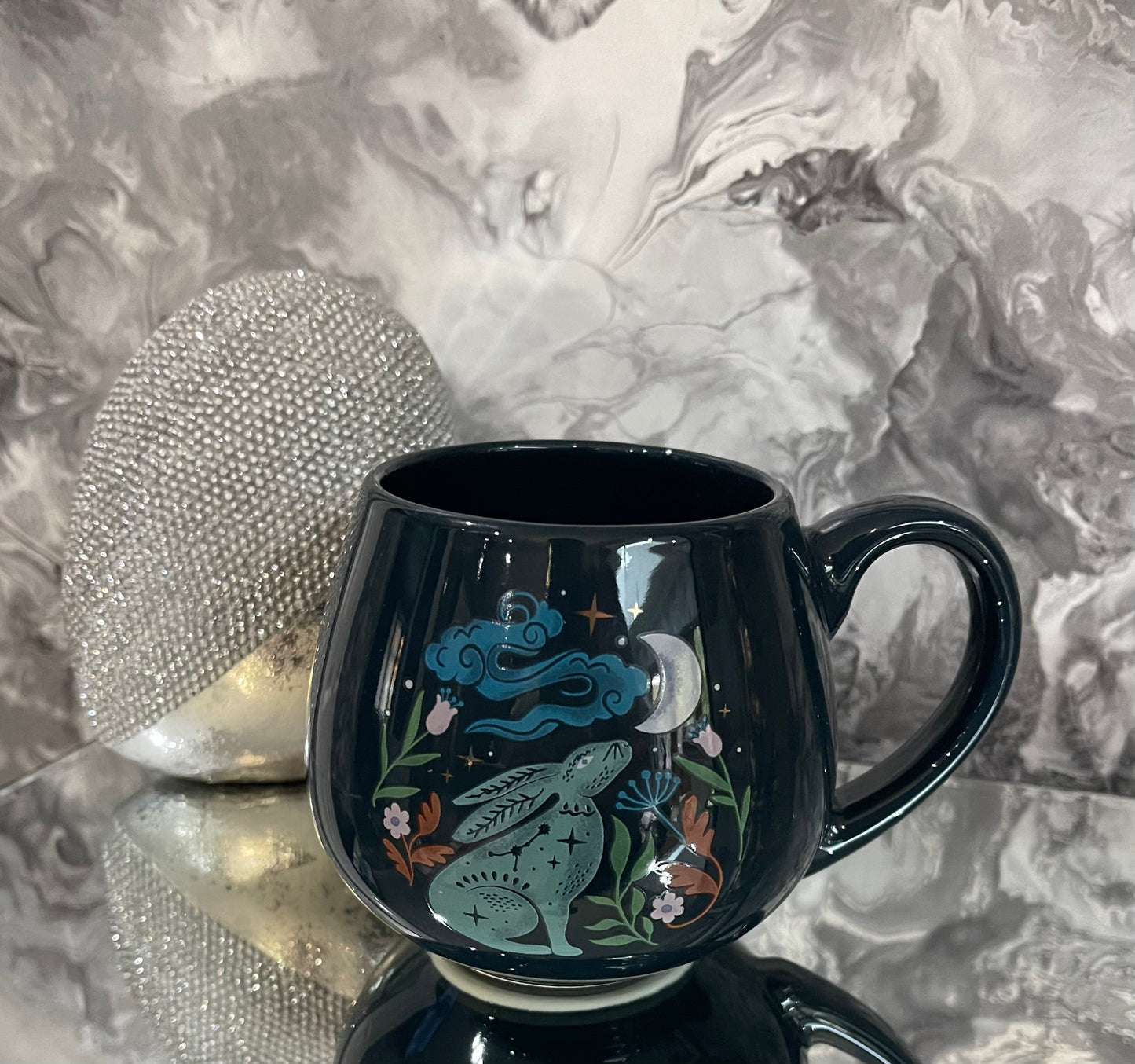 Midnight Moon Gazing Hare Navy Blue Rounded Mug