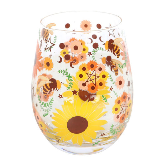 Floral Sunflower & Bee Summer Solstice Design Stemless Wine Glass Gift