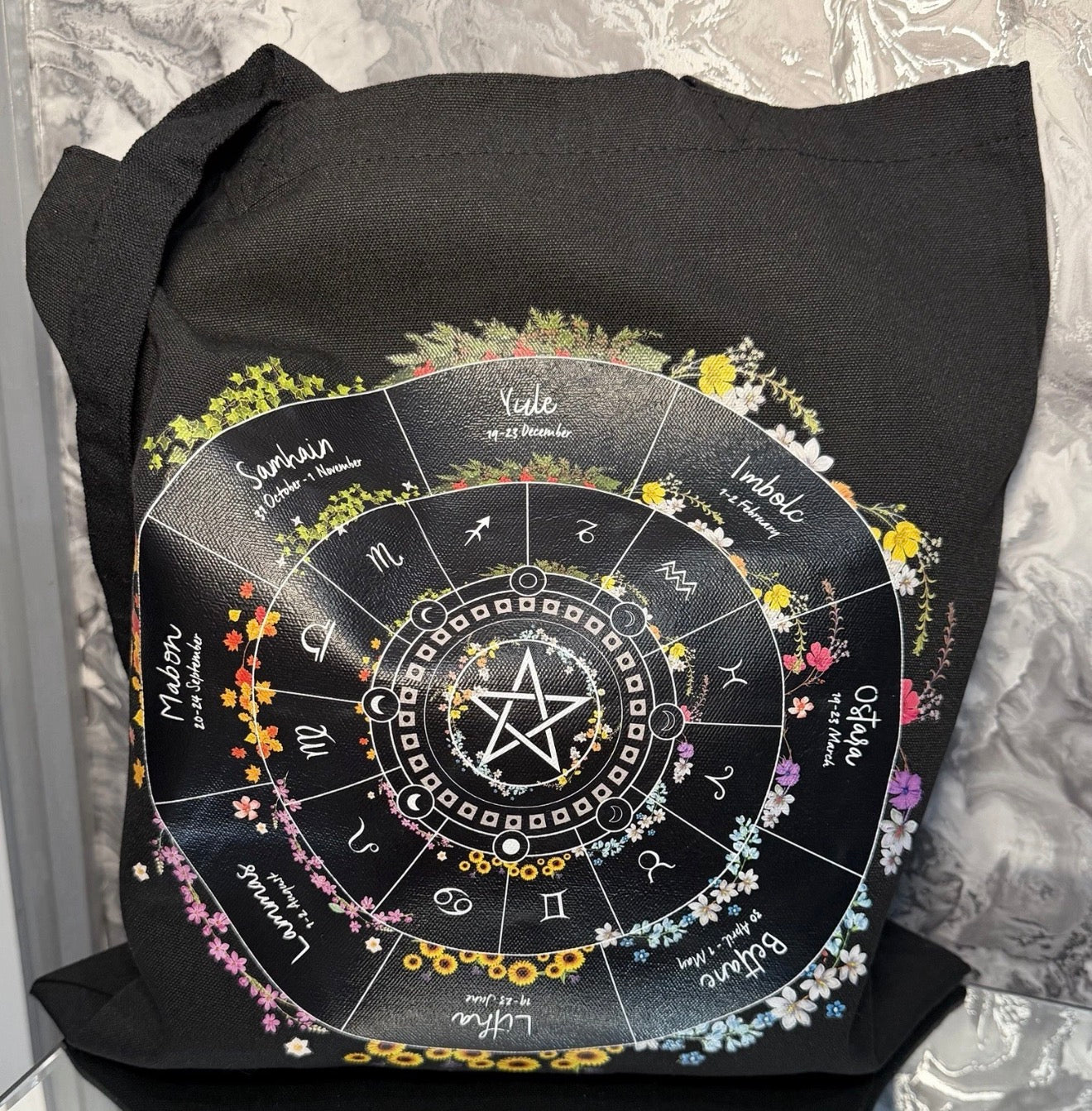 Pagan Wheel of the Year Tote Bag Zodiac Wiccan Canvas Reusable Shopping Bag Gift