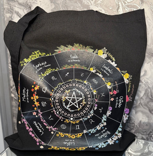 Pagan Wheel of the Year Tote Bag Zodiac Wiccan Canvas Reusable Shopping Bag Gift