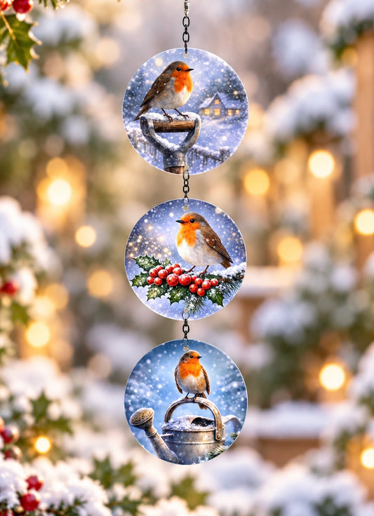 Robin Christmas Triple Glass Suncatcher – Festive Hanging Garden Decoration