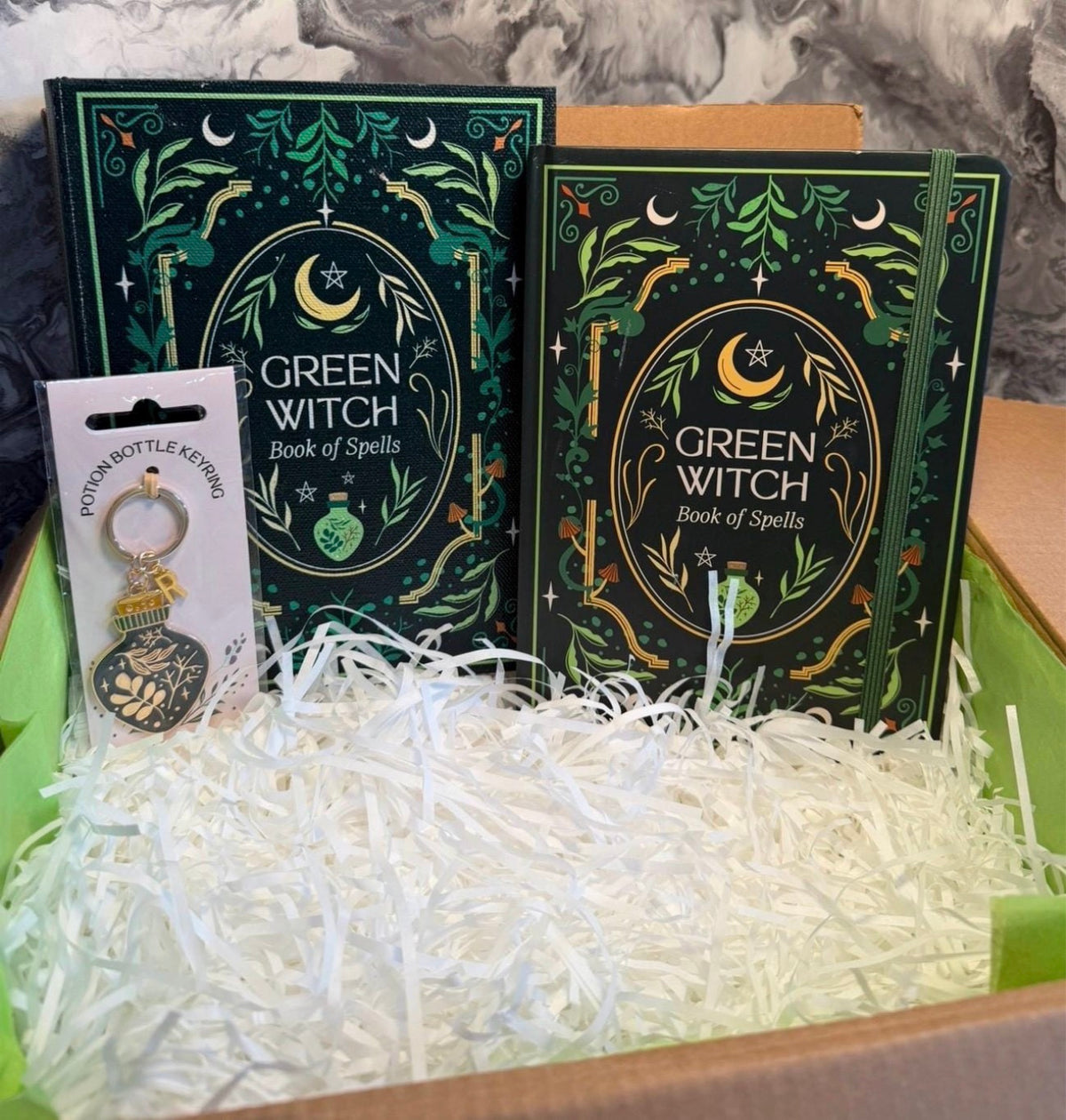 Green Witch Gift Set – Book of Spells Storage Box, A5 Notebook & Personalised Keyring