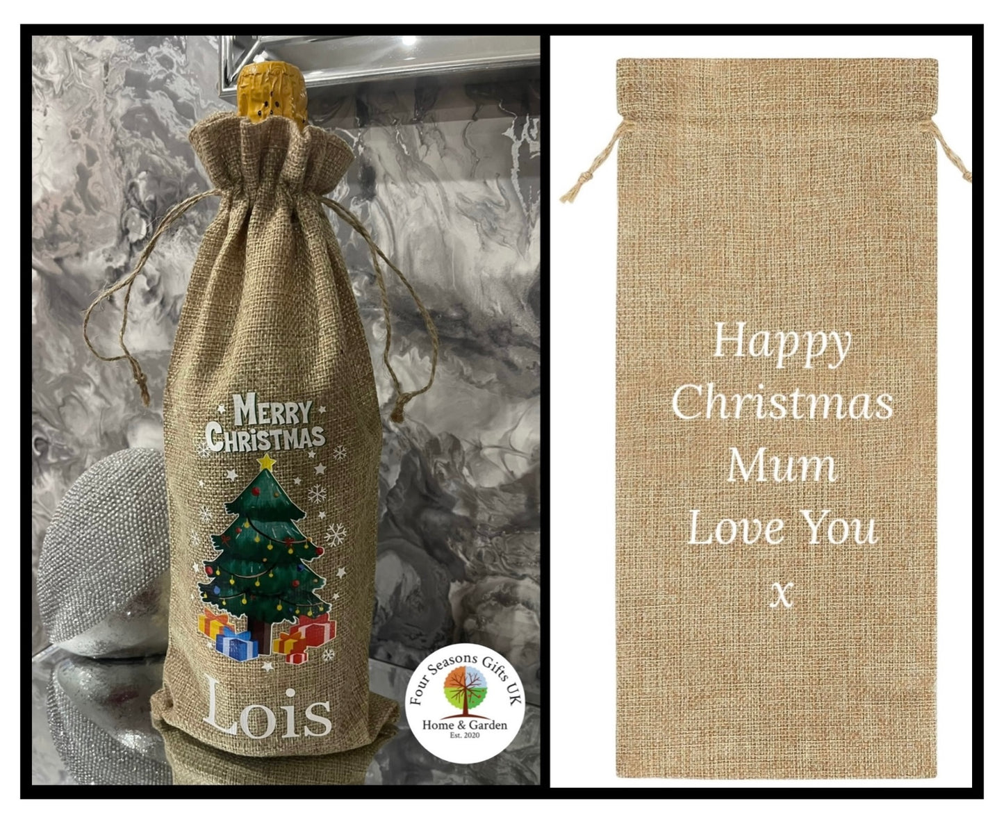 Personalised Christmas Theme Wine Bottle Bag Cover, Jute Gift Presentation Bag