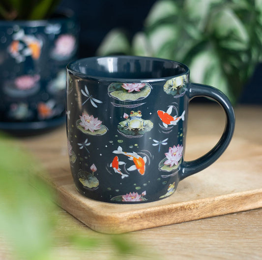 Pond Print Koi Fish Floral Lily Pad Dragonfly & Frog Coffee Mug Cup Father’s Day Gifts