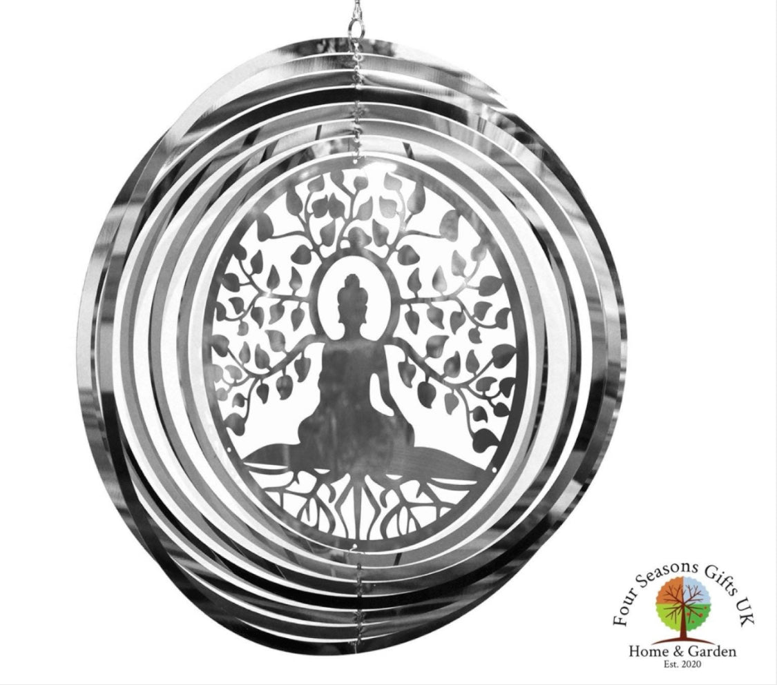 Buddha Stainless Steel Mirrored Wind Spinner Sun-catcher Hanging Garden Decorative Ornament