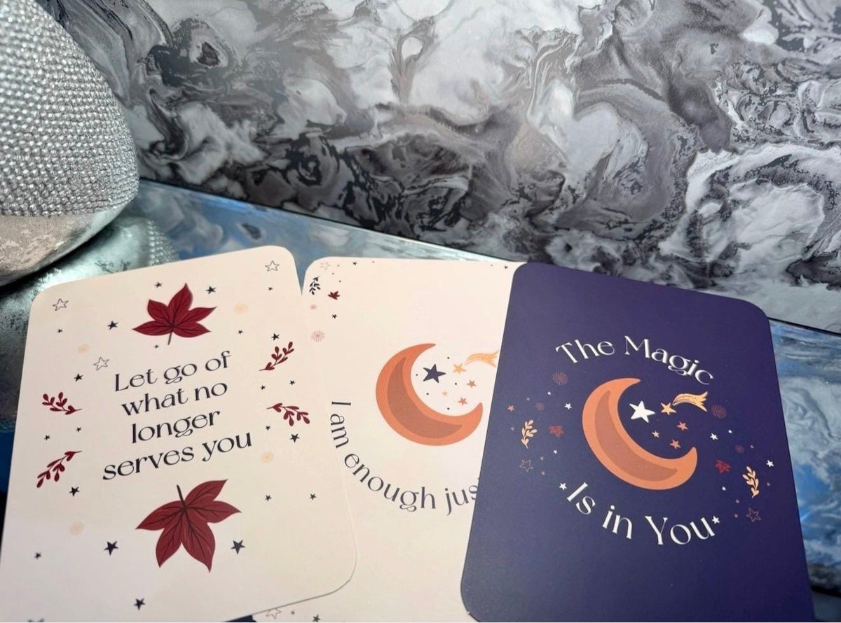 Autumn Affirmation Cards with Wooden Stand | Positive Daily Affirmations | Fall Self Care & Mindfulness Gift | Celestial Seasonal Decor