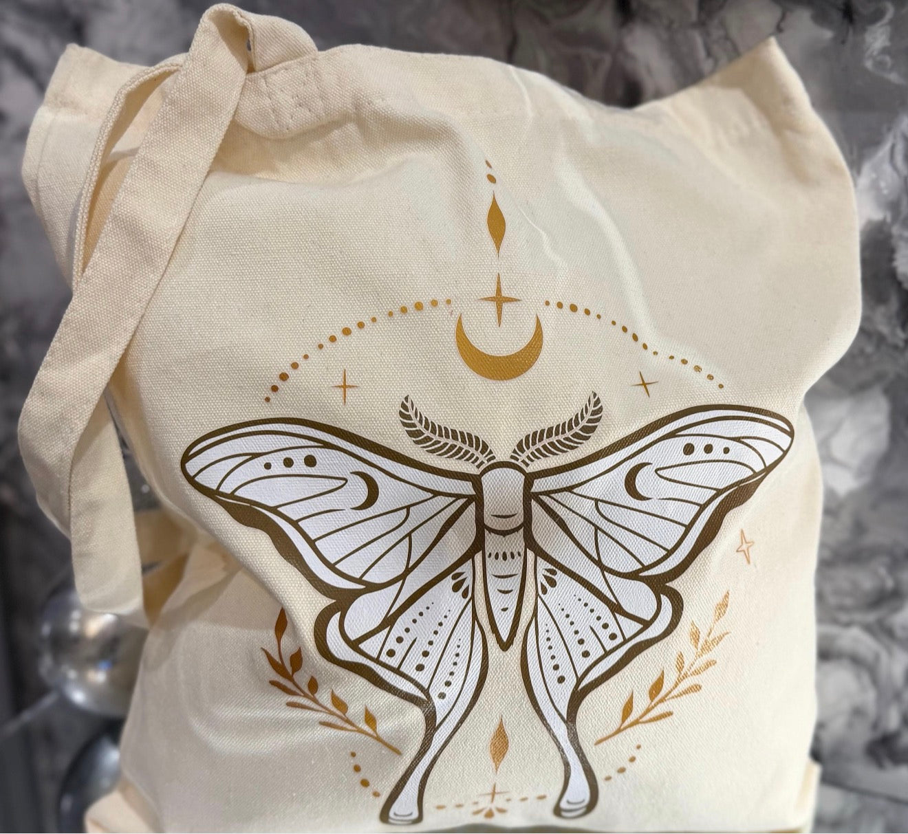 Boho Luna Moth Tote Bag – Celestial Neutral Canvas Shopping Bag, Moon & Star Aesthetic Reusable Shoulder Tote