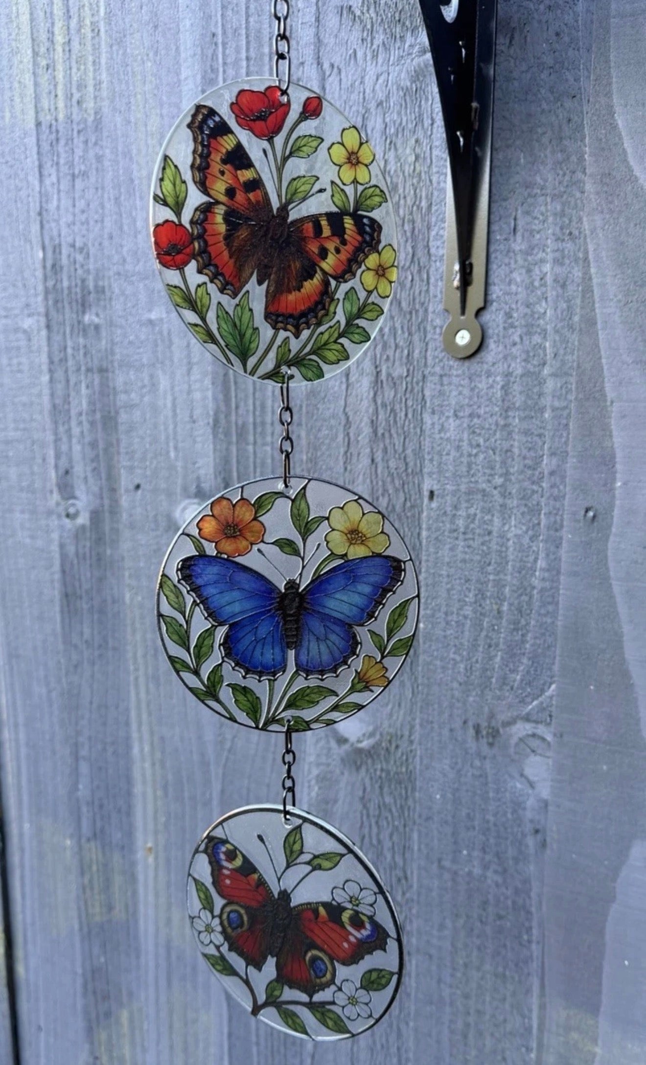 Triple Butterfly Stained Glass Suncatcher – Hanging Floral Garden Sun Catcher Decoration