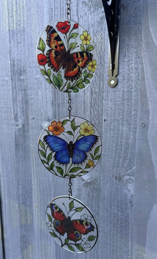 Triple Butterfly Stained Glass Suncatcher – Hanging Floral Garden Sun Catcher Decoration