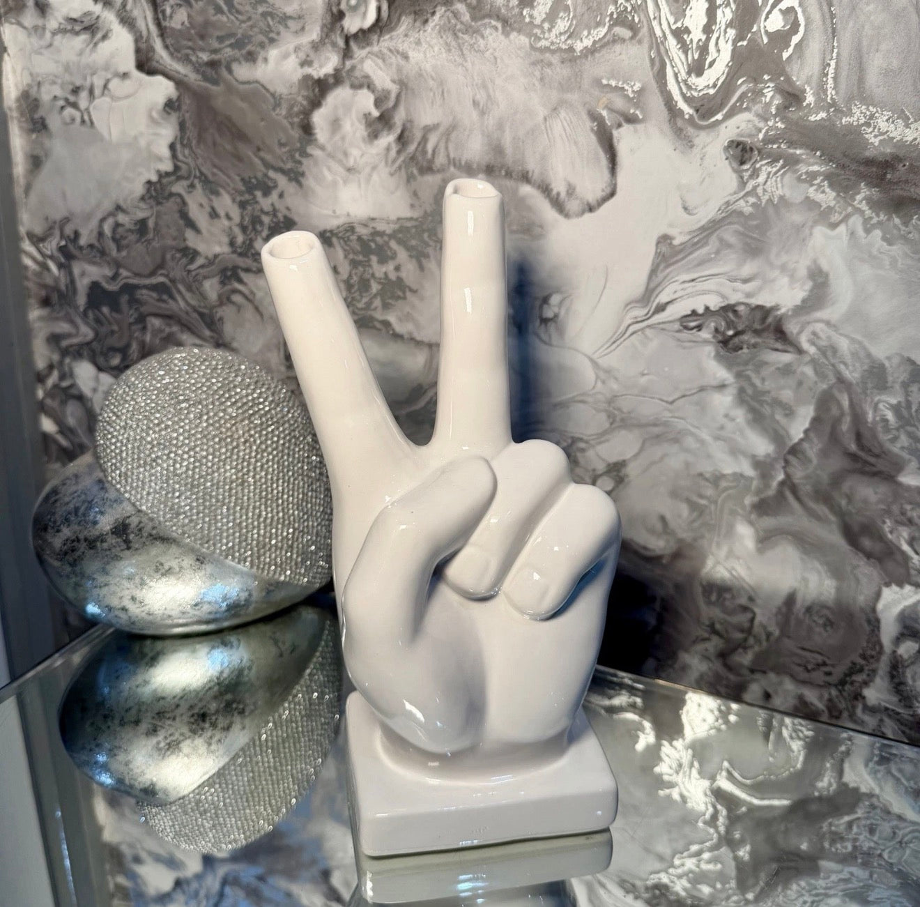White Ceramic Peace Hand Vase Double Stem Bud Vase Modern Home Decor