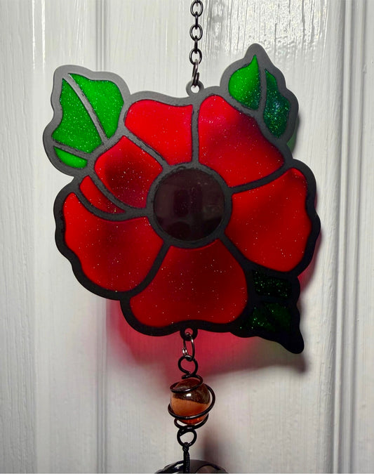 Poppy Wind Chime – Stained Glass Effect Hanging Garden Chime | Remembrance Memorial Garden Ornament Gift