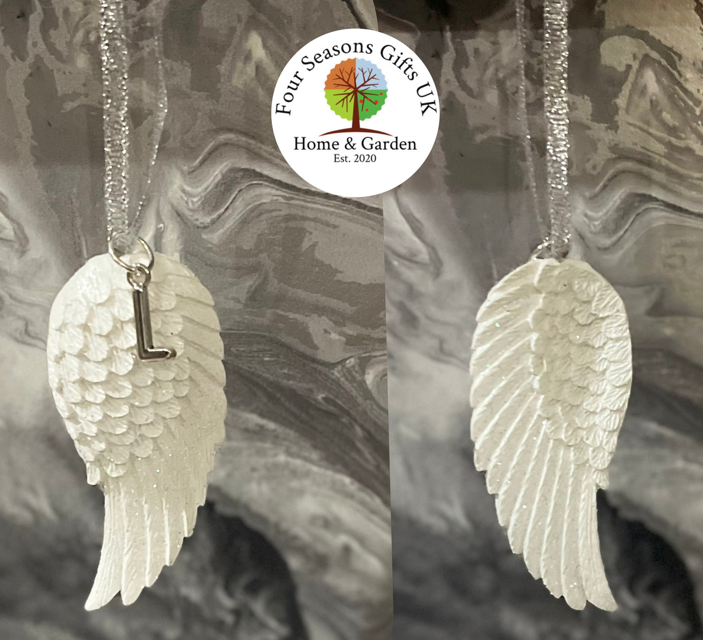 White Glittery Angel Wing Personalised Christmas Tree Decoration, Double Sided Ceramic Angel Wing Ornament, Memorial Keepsake Gift