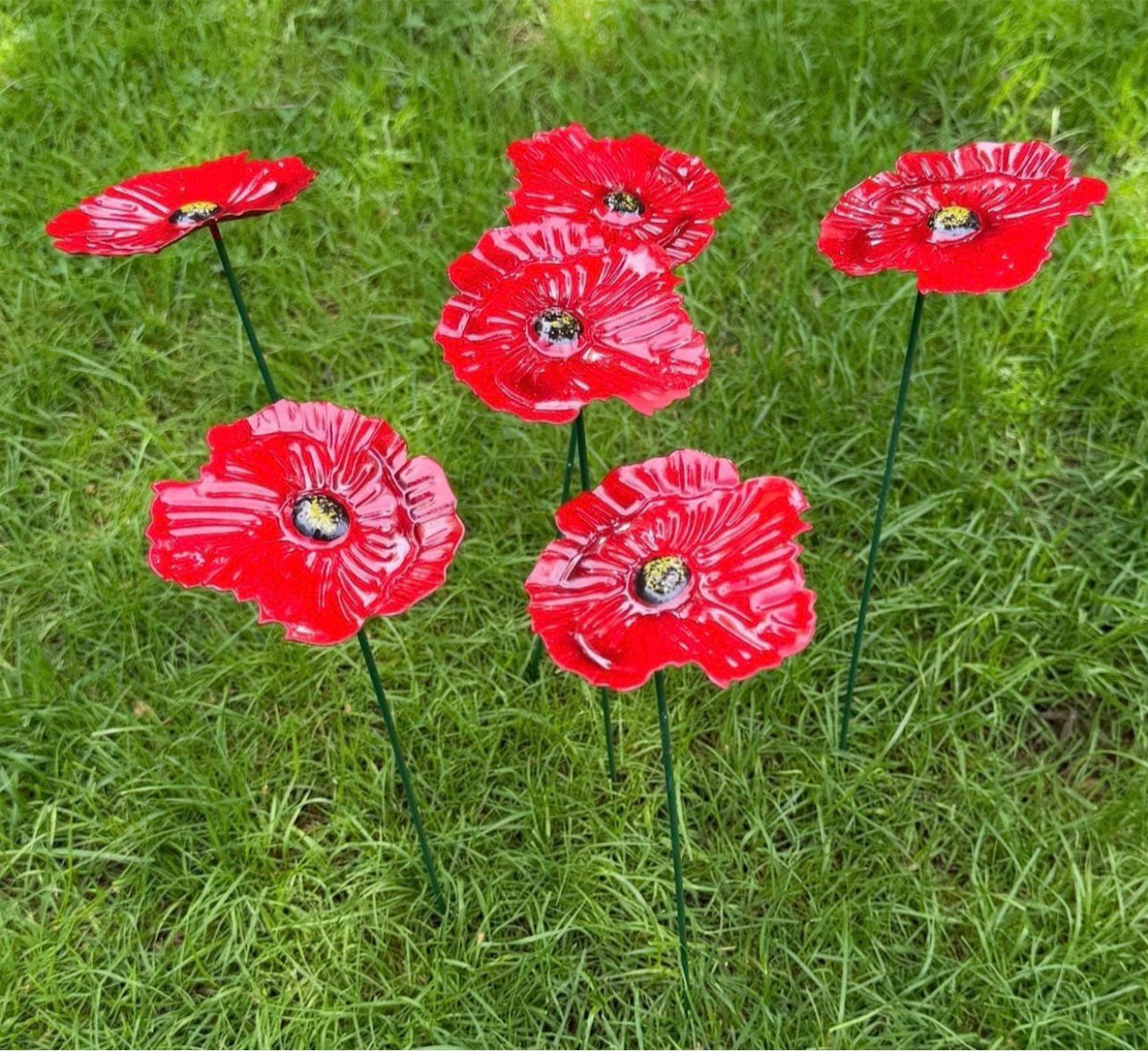 Set of 6 Red Metal Poppy Garden Stakes