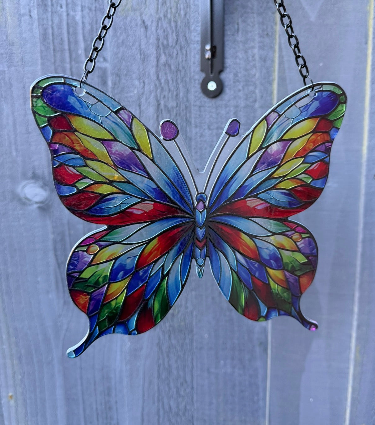 Rainbow Butterfly Suncatcher – Stained Glass Effect Hanging Window Decoration | Colourful Garden Ornament Gift