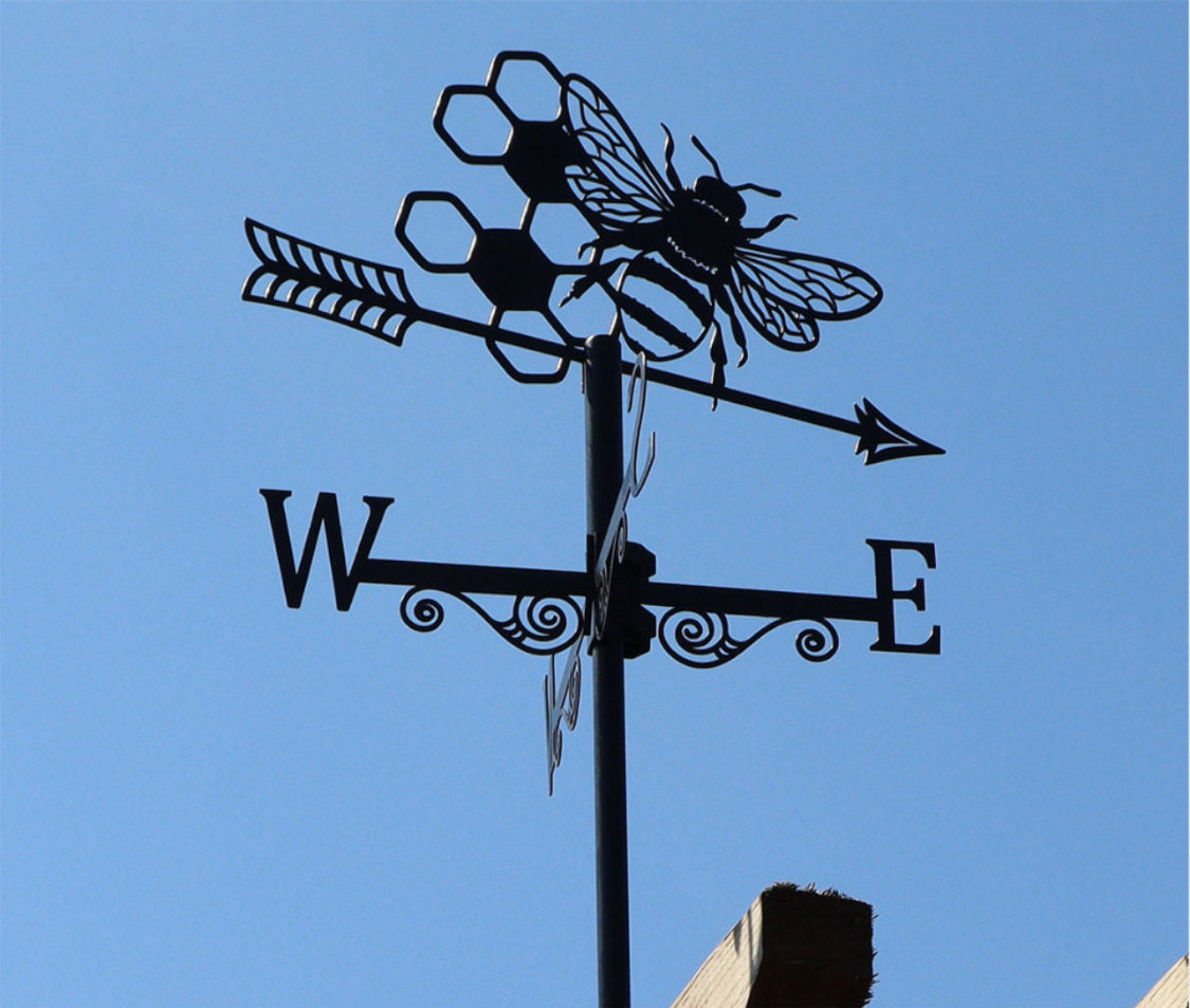 Honeybee & Honeycomb Silhouette Black Metal Garden Weathervane Wind Spinner Decorative Ornament