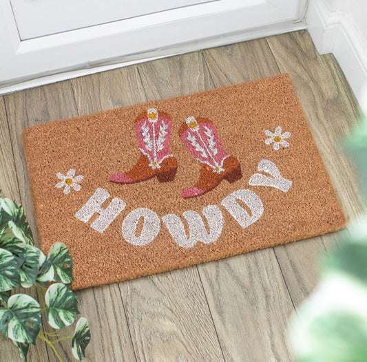 Howdy Cowgirl Cowboy Boots Natural Coir Non Slip Welcome Doormat Home Decor Gift