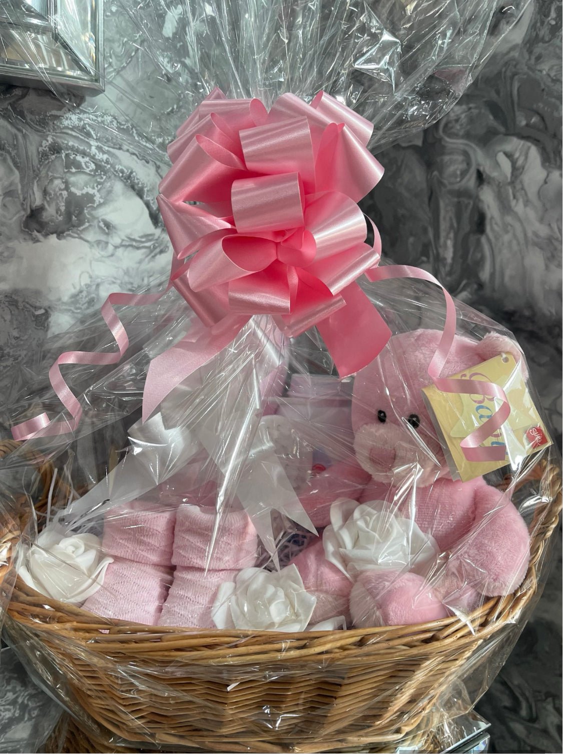 Plush Teddy Bear Baby Hamper Basket Gift Set - Silver, Beige, Pink or Blue.