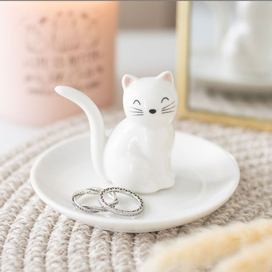 White Ceramic Cat Ring Holder Dish – Jewellery Trinket Tray Gift