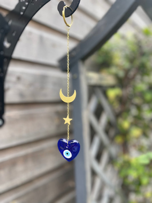 GLASS BLUE EVIL EYE MOON STAR HANGING WINDOW ORNAMENT HOME GARDEN DECOR GIFTS