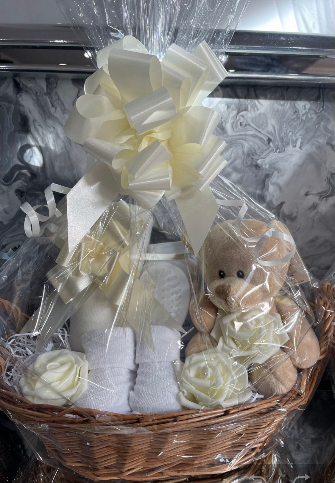 Plush Teddy Bear Baby Hamper Basket Gift Set - Silver, Beige, Pink or Blue.