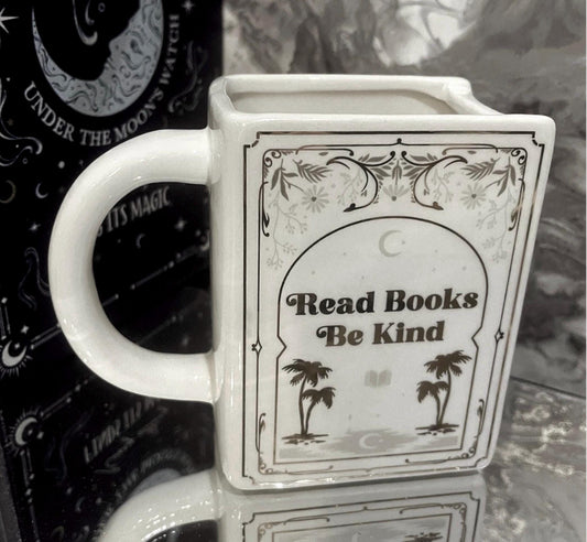 Book Shaped Mug – “Read Books Be Kind” – Ceramic Mug for Book Lovers, Teachers & Readers