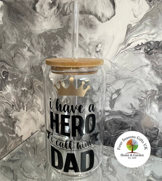 Dad My Hero King Personalised 16oz Glass Tumbler Beer Can With Straw Iced Coffee Mug Father’s Day Birthday Gifts Black & Gold