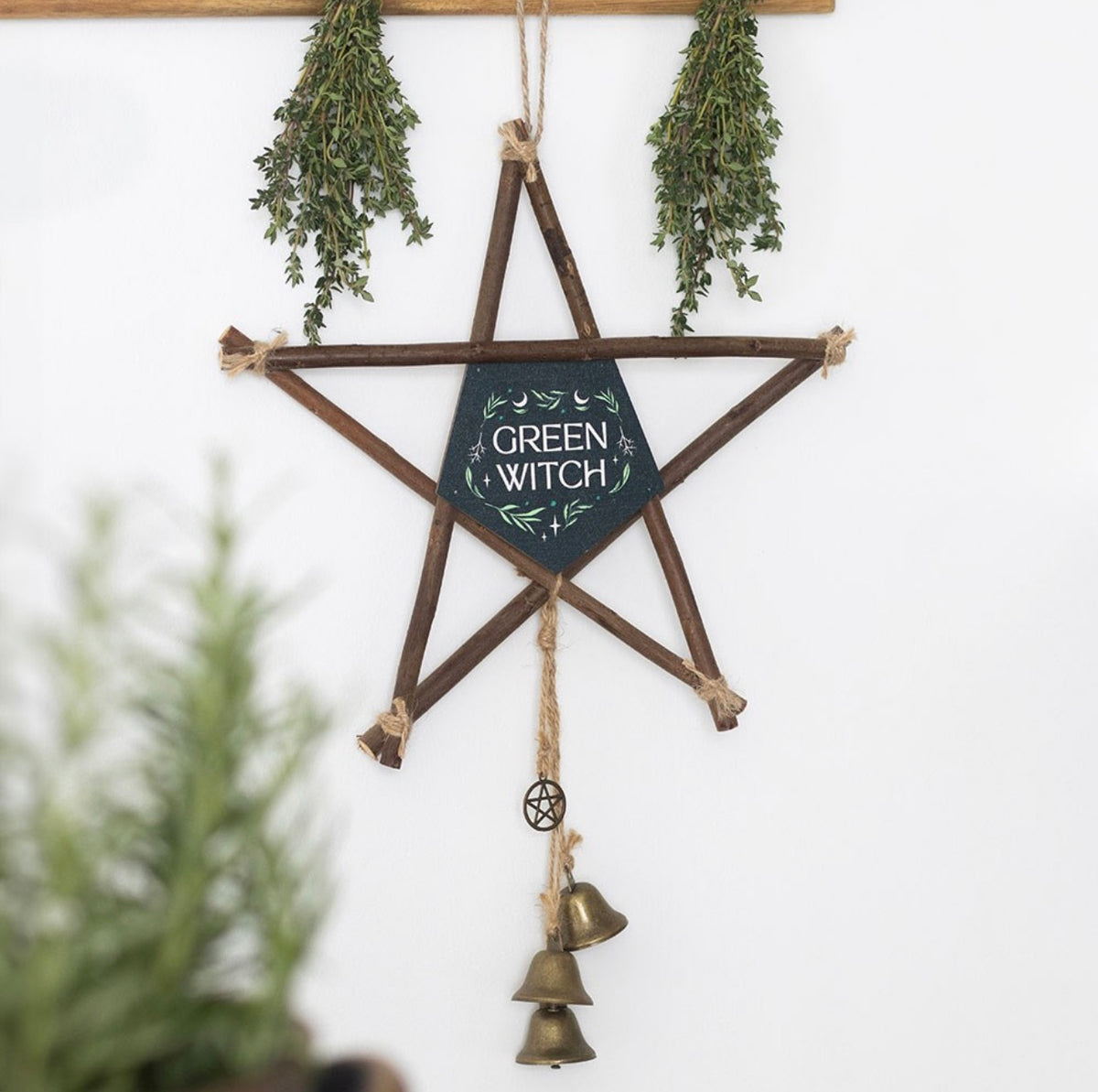 Green Witch Hanging Willow Pentagram with Bells – Witchy Wall Décor