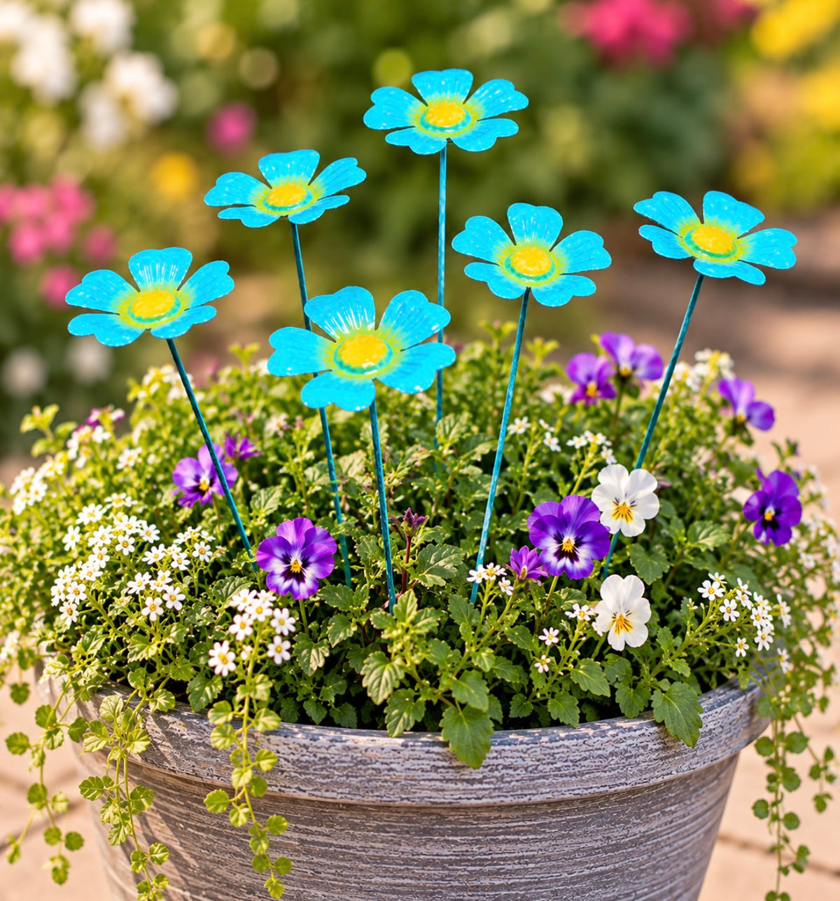 Set of 6 Blue Forget Me Not Metal Flower Garden Stakes – Plant Pot & Planter Decorations