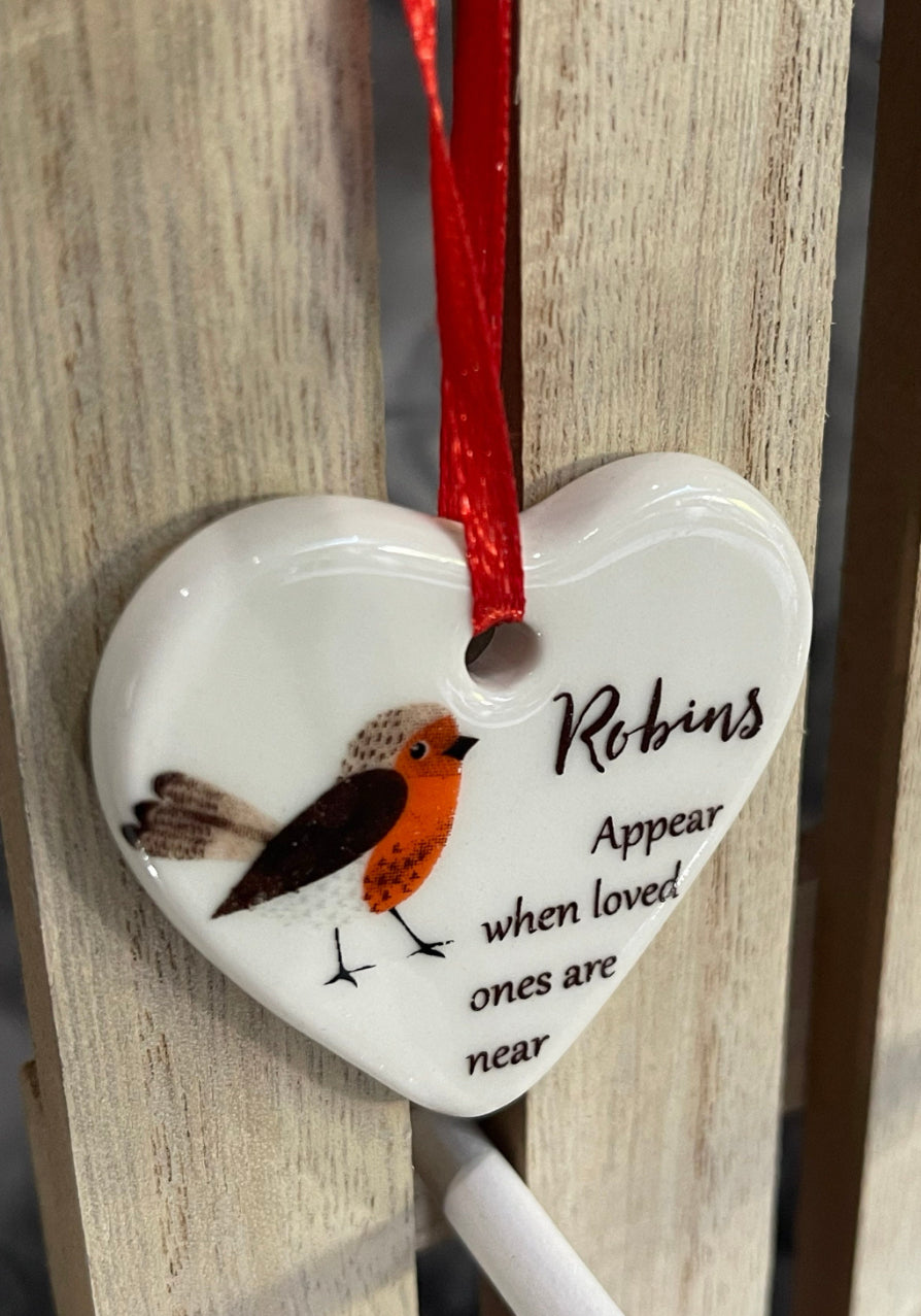 White Ceramic Heart Personalised Christmas Tree Decoration with Robin and Quote - Memorial Keepsake Gift