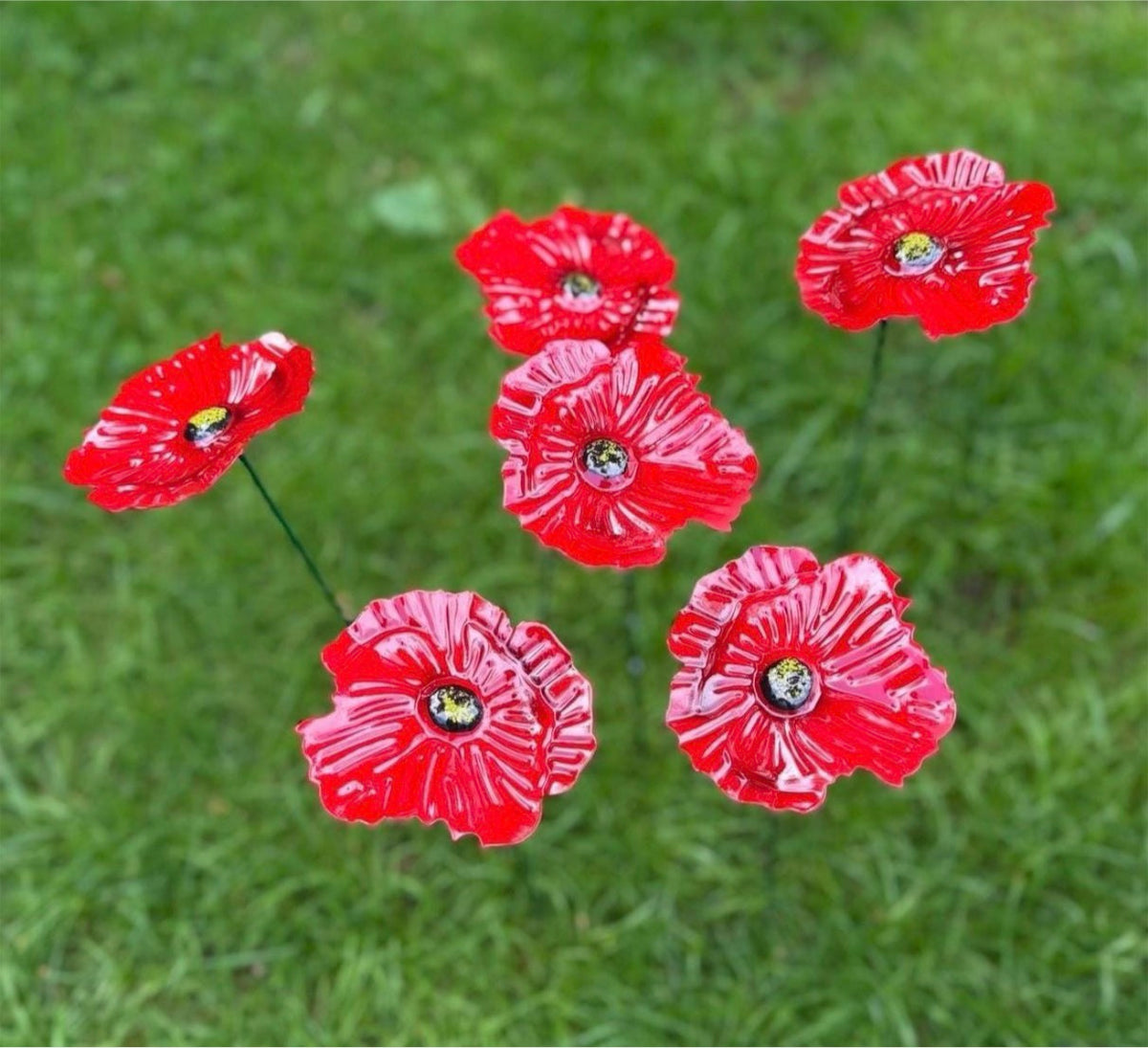 Set of 6 Red Metal Poppy Garden Stakes