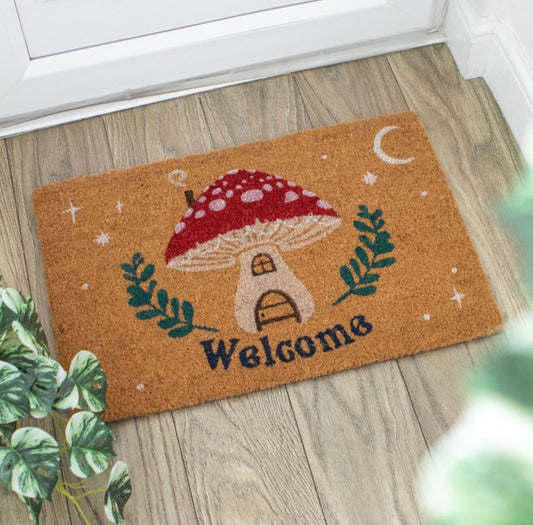 Welcome Mushroom Toadstool Fairy Garden Natural Coir Non Slip Doormat Decor Gift