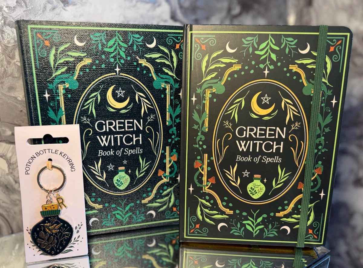 Green Witch Gift Set – Book of Spells Storage Box, A5 Notebook & Personalised Keyring