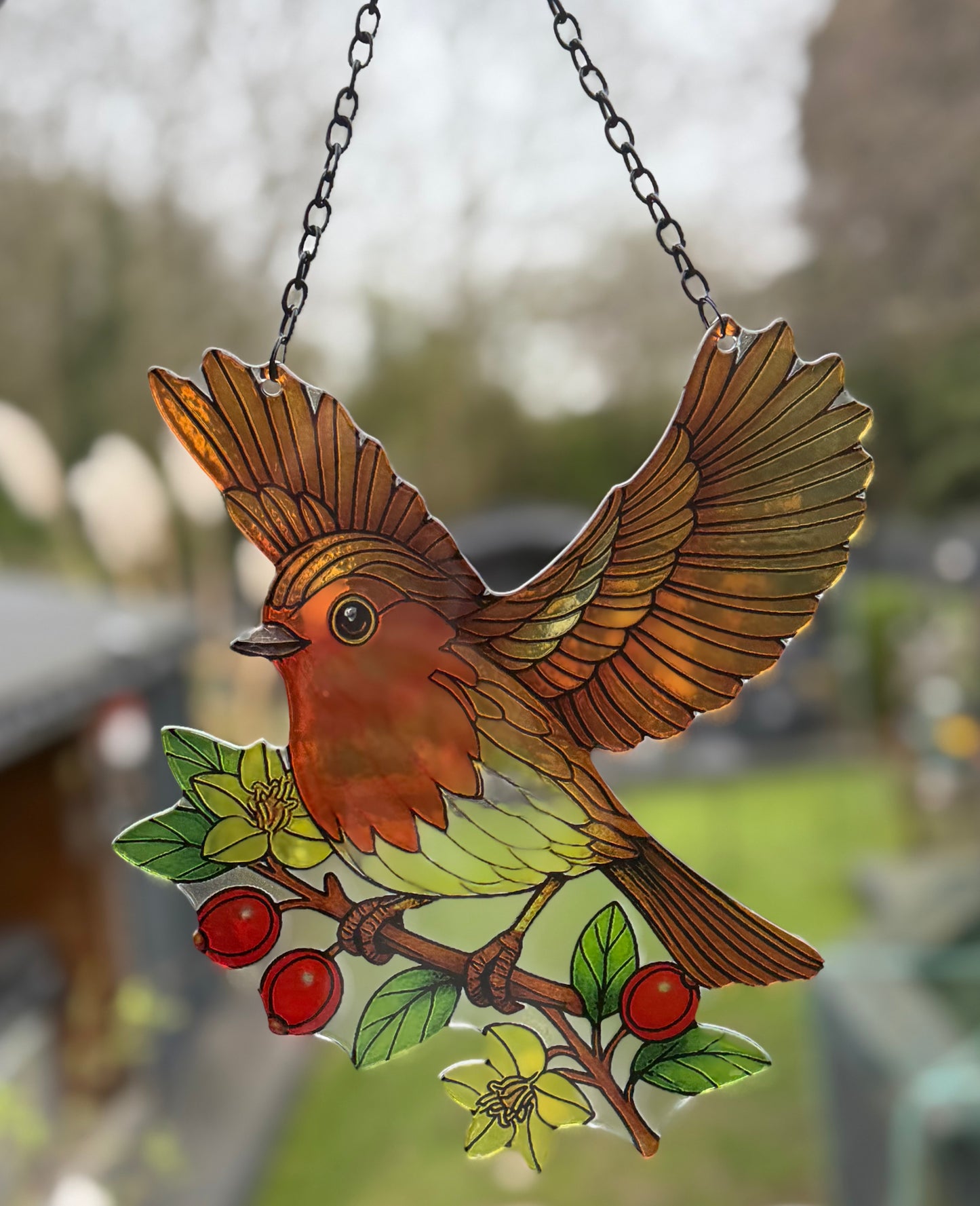 Robin Cut Glass Suncatcher – Stained Glass Effect Hanging Window & Garden Bird Decoration Gift for Gardeners