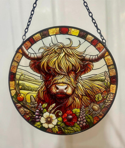 Highland Cow Suncatcher – Stained Glass Effect Garden Wind Spinner – Colourful Hanging Ornament Gift