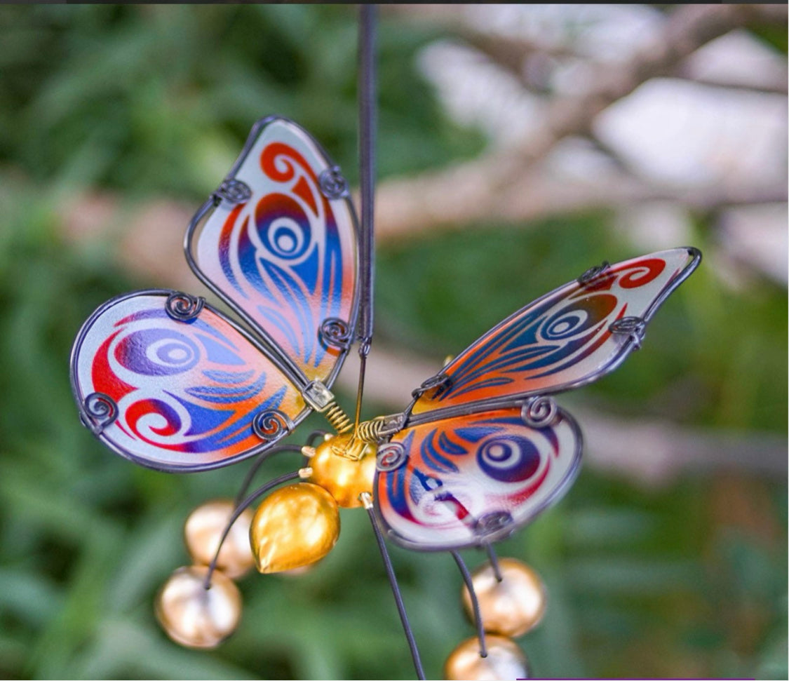 Beautiful Gold Butterfly Bobbin Bells Wind chime, Detailed Colourful Glass Wings