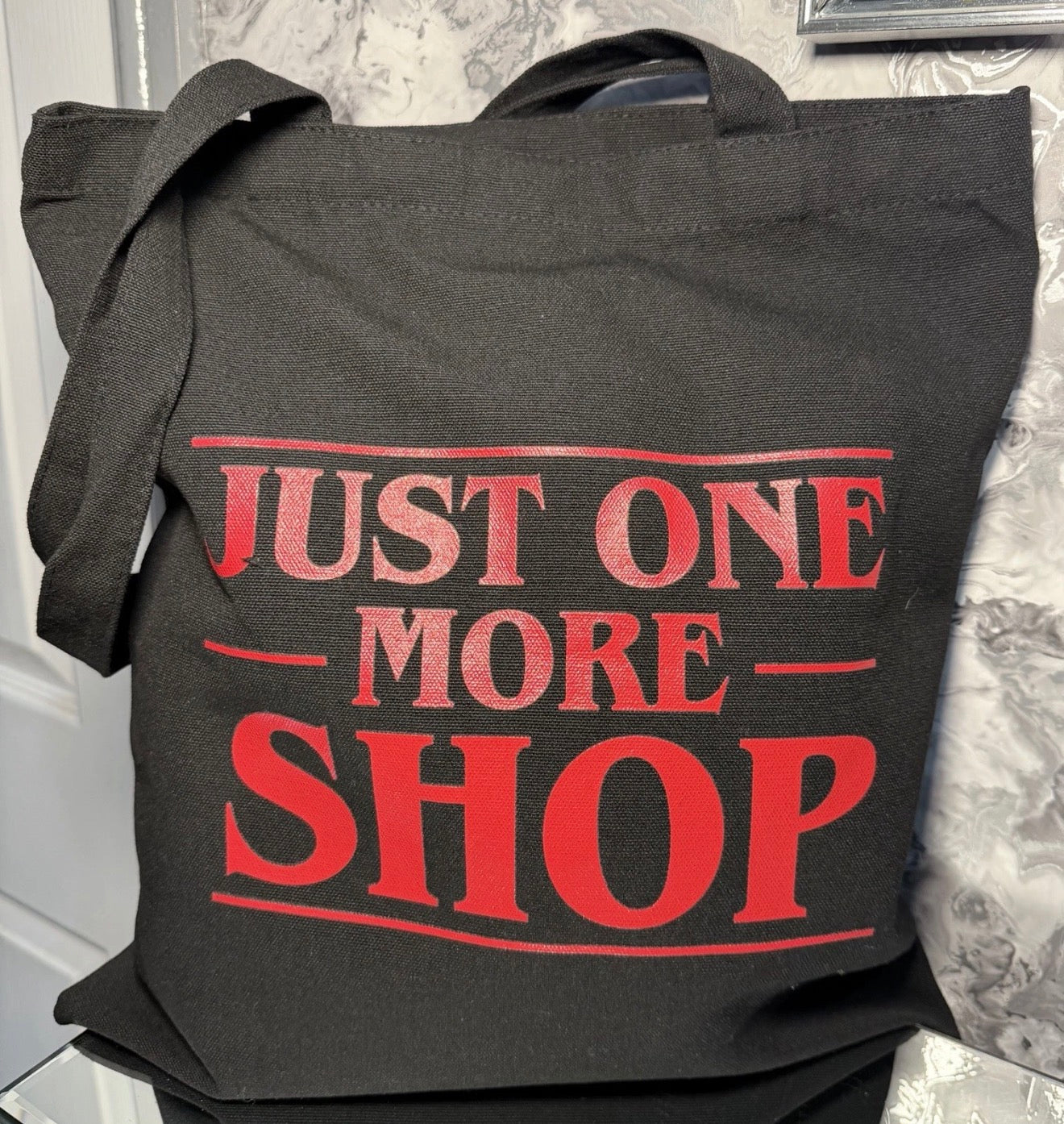 Just One More Shop Tote Bag Funny Things Gift Reusable Black Red Shopping Bag