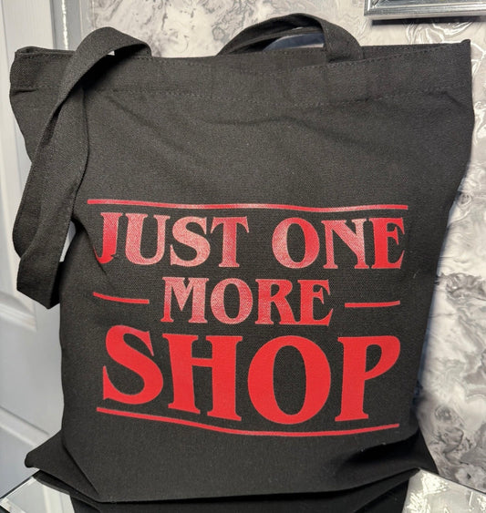Just One More Shop Tote Bag Funny Things Gift Reusable Black Red Shopping Bag