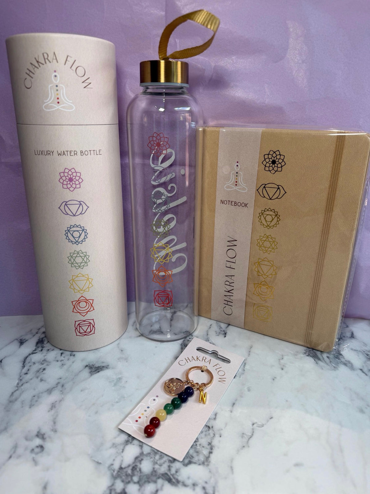 Luxury Personalised Chakra Gift Set – Glass Bottle, Notebook & Keyring
