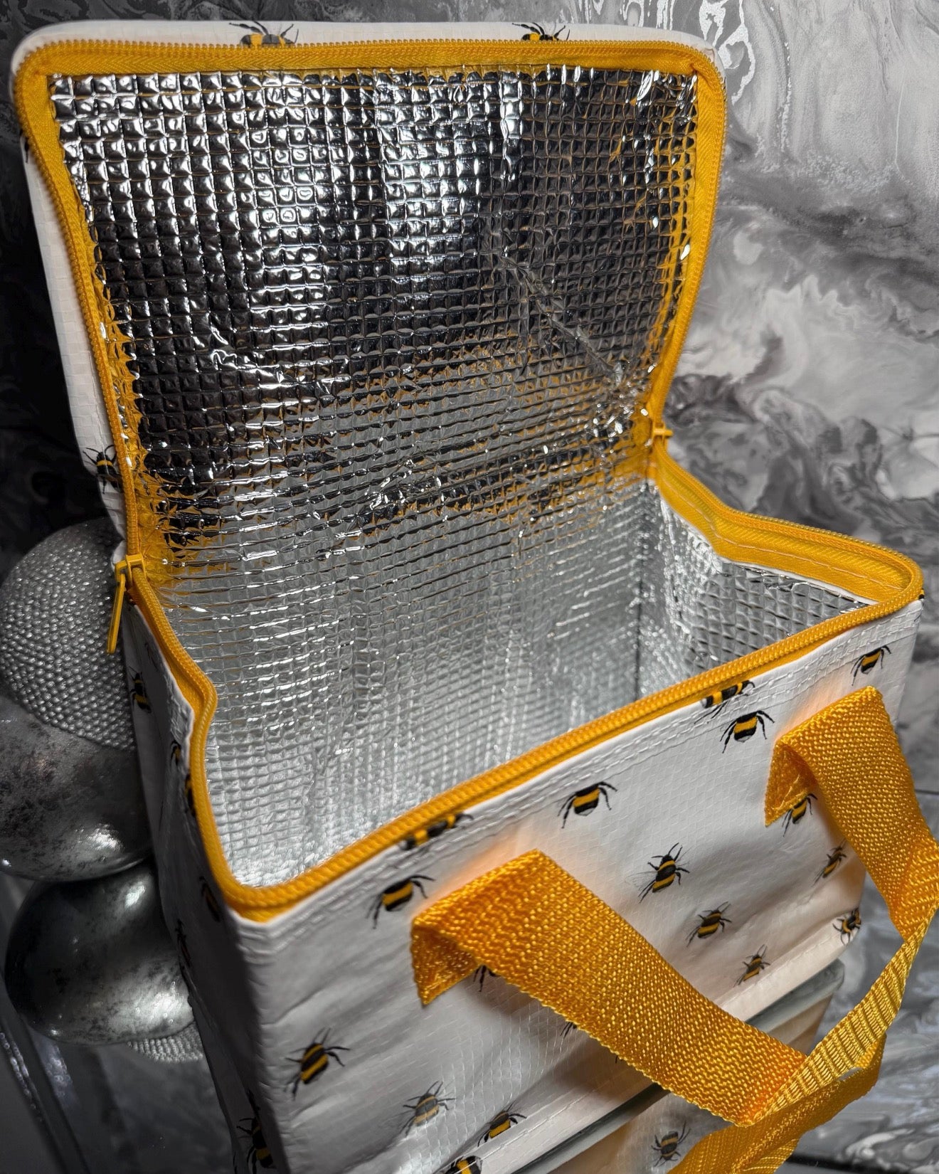 Bee Print Insulated Lunch Bag Made from Recycled Plastic | Reusable Lunch Tote | Eco Friendly Gift | Lunch Bag for Work School Picnics