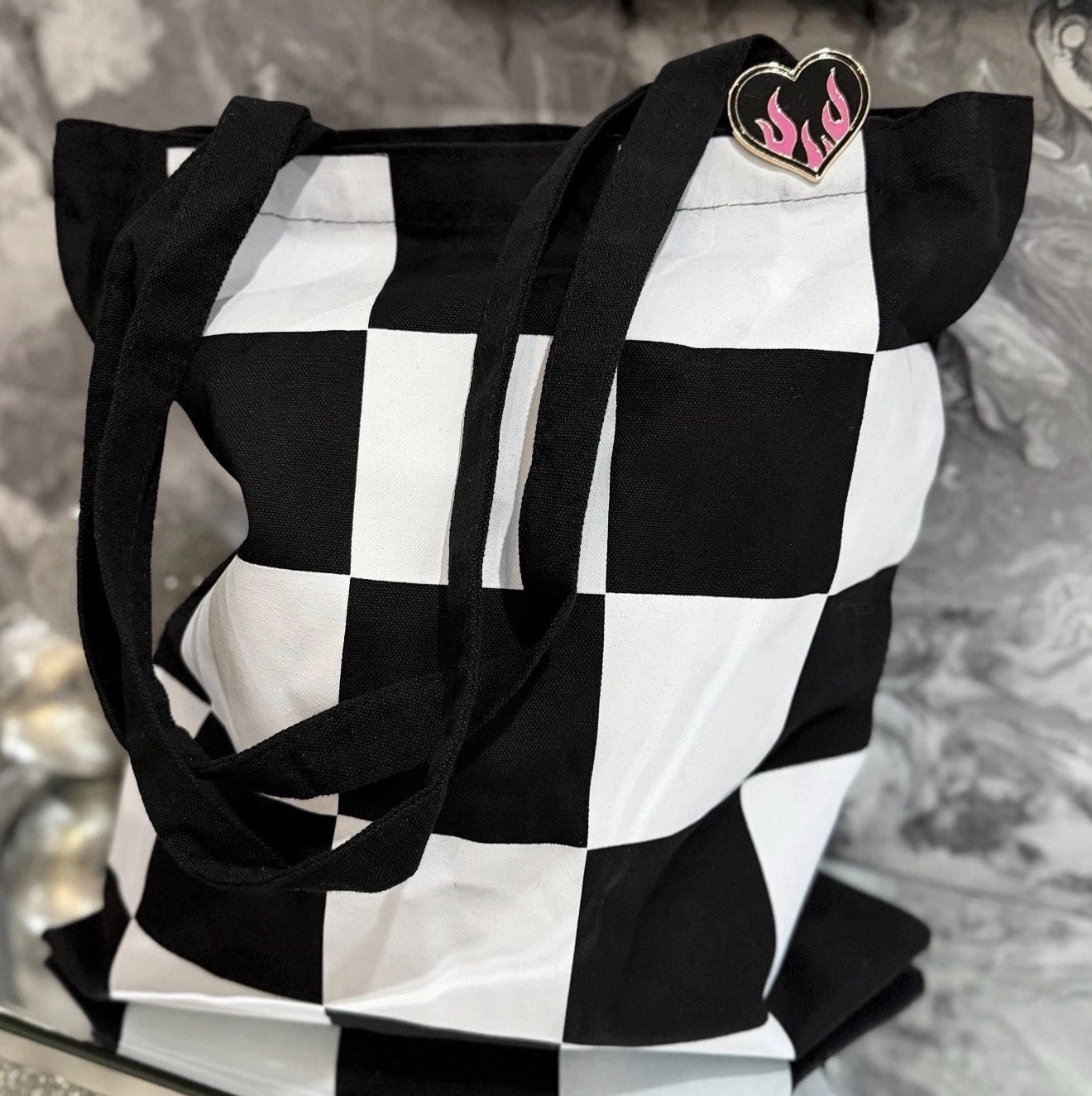 Y2K Checkerboard Canvas Tote Bag Black White Shopper With Heart Pin Badge Gift