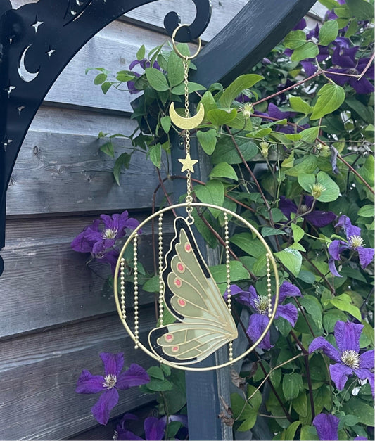 Whimsical Fairy Wing,  Decorative Wind Spinner Sun catcher Hanging Garden Ornament,  Gold Moon Star Celestial Theme. Summer Birthday Fairy Garden Gifts